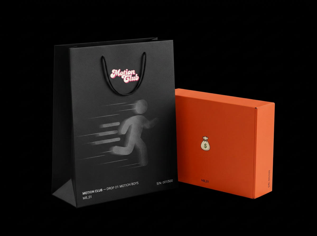 Motion Club packaging — matte black bag and orange box, serialized MB_01